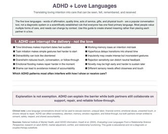 Könnte beinhalten: Ein weißes Informationsdokument mit dem Titel ADHD + Love Languages. Es enthält Text, der erklärt, wie ADHS die Beziehungsdynamik beeinflusst, listet häufige Muster wie Zeitblindheit und Hyperfokus auf und enthält eine klinische Notiz sowie Quellen.