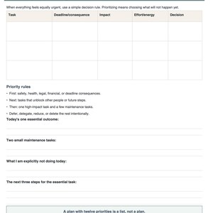 K&ouml;nnte beinhalten: Ein wei&szlig;es Planungsblatt mit dem Titel 4. Planning and prioritizing: Decide with rules, not mood. Es enth&auml;lt eine Tabelle mit Spalten f&uuml;r Task, Deadline/consequence, Impact, Effort/energy, Decision sowie Priorit&auml;tsregeln und Zeilen f&uuml;r t&auml;gliche Ziele.