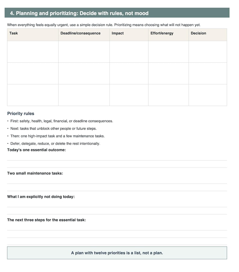 K&ouml;nnte beinhalten: Ein wei&szlig;es Planungsblatt mit dem Titel 4. Planning and prioritizing: Decide with rules, not mood. Es enth&auml;lt eine Tabelle mit Spalten f&uuml;r Task, Deadline/consequence, Impact, Effort/energy, Decision sowie Priorit&auml;tsregeln und Zeilen f&uuml;r t&auml;gliche Ziele.