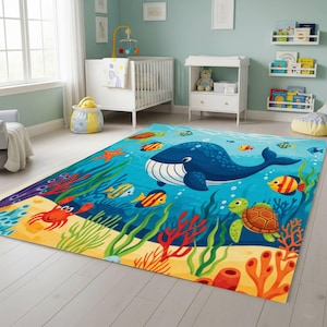 Ocean theme kids rug, underwater animals carpet, whale playroom mat, colorful sea life decor, toddler soft floor area rug, ocean vibes