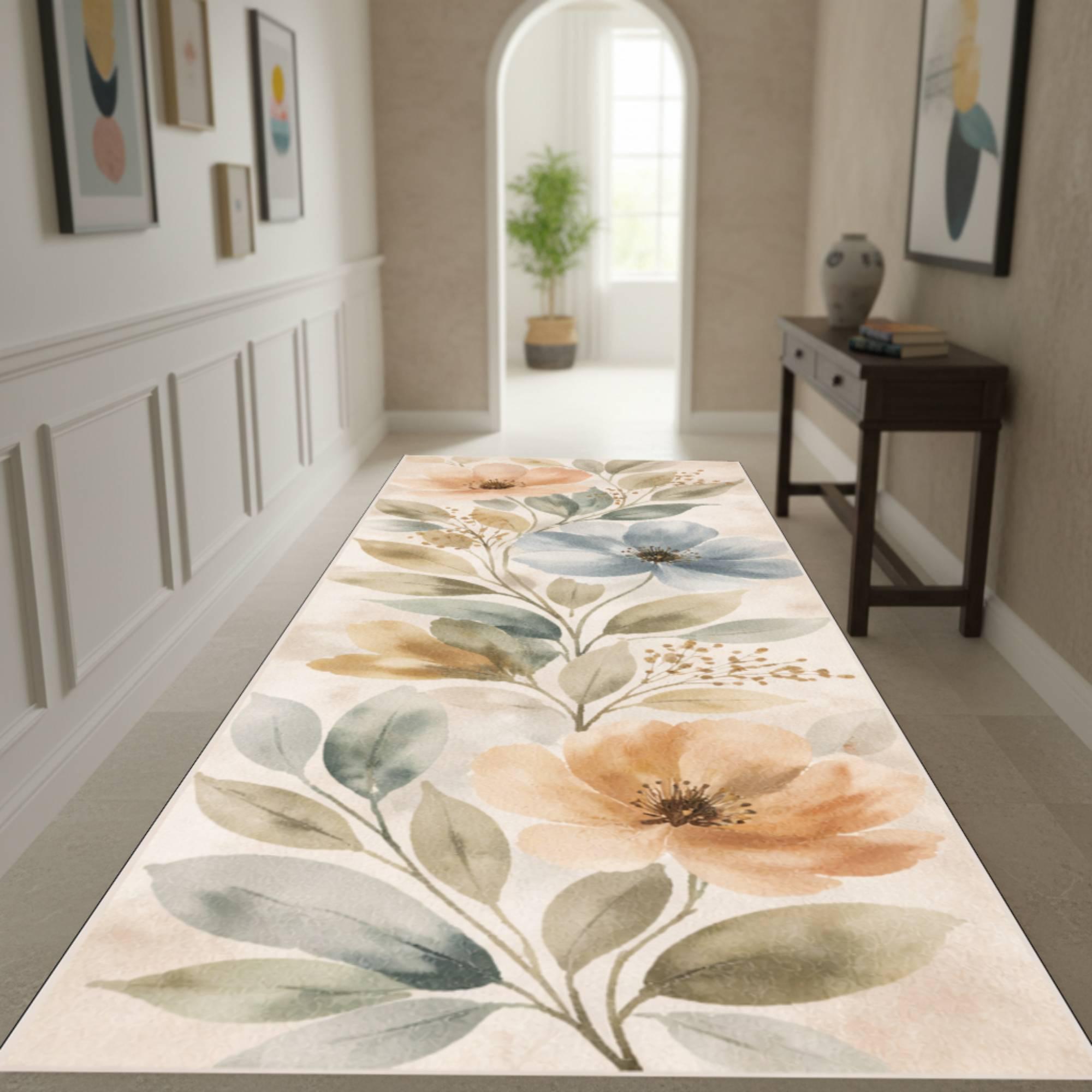 Watercolor Floral Runner Rug, Botanical Hallway Carpet, Soft Nature ...
