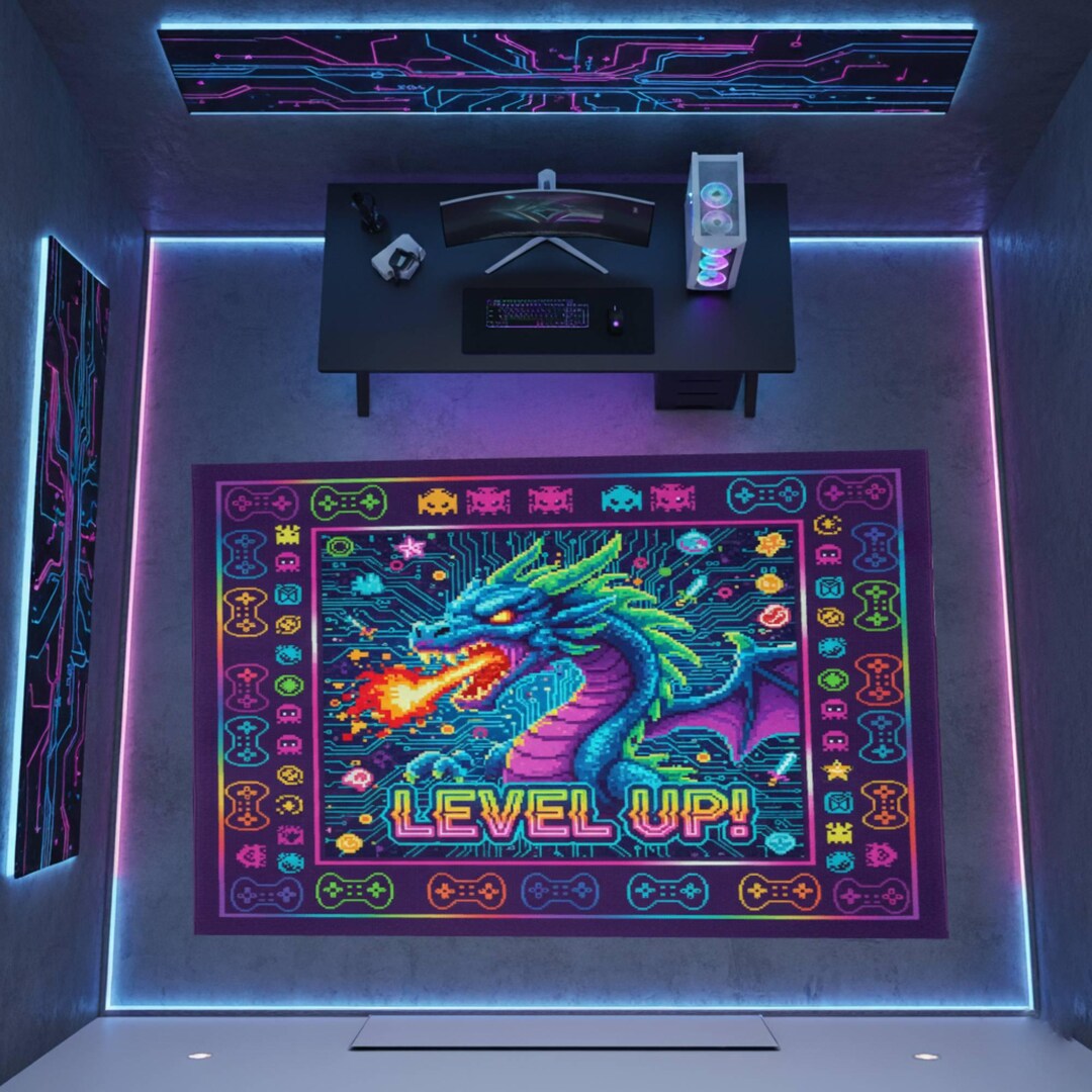Dragon Gamer Rug, Level up Game Room Carpet, Neon Gaming Floor Mat ...