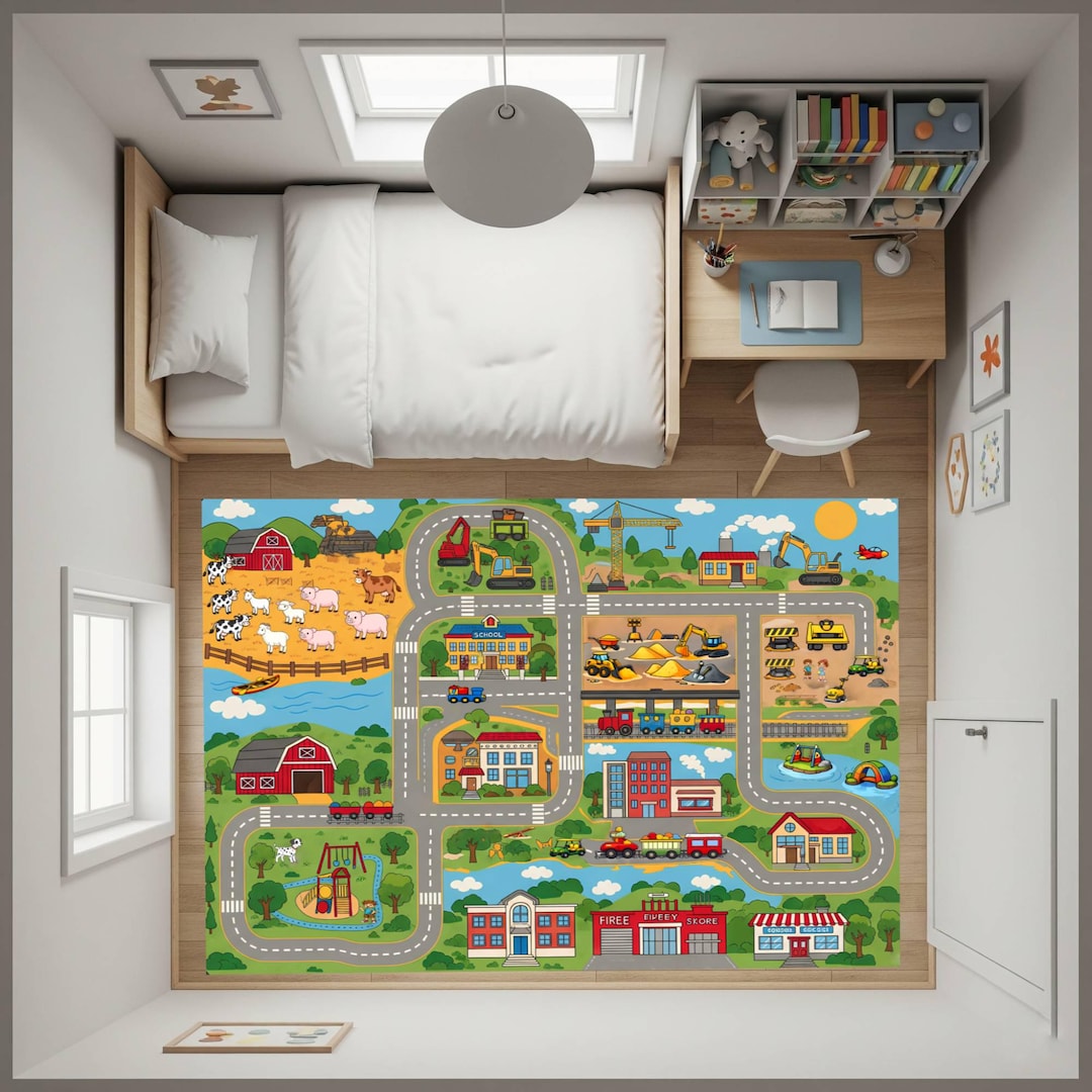 City Map Play Rug , Road Carpet With Buildings and Vehicles, Kids ...
