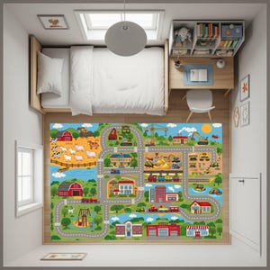 City map play rug , road carpet with buildings and vehicles, kids learning playroom rug