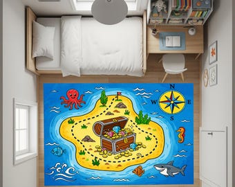 Tapis de l'île au trésor pour enfants, tapis de salle de jeux carte de pirate, décor de sol d'apprentissage aventure intérieur de chambre d'enfant