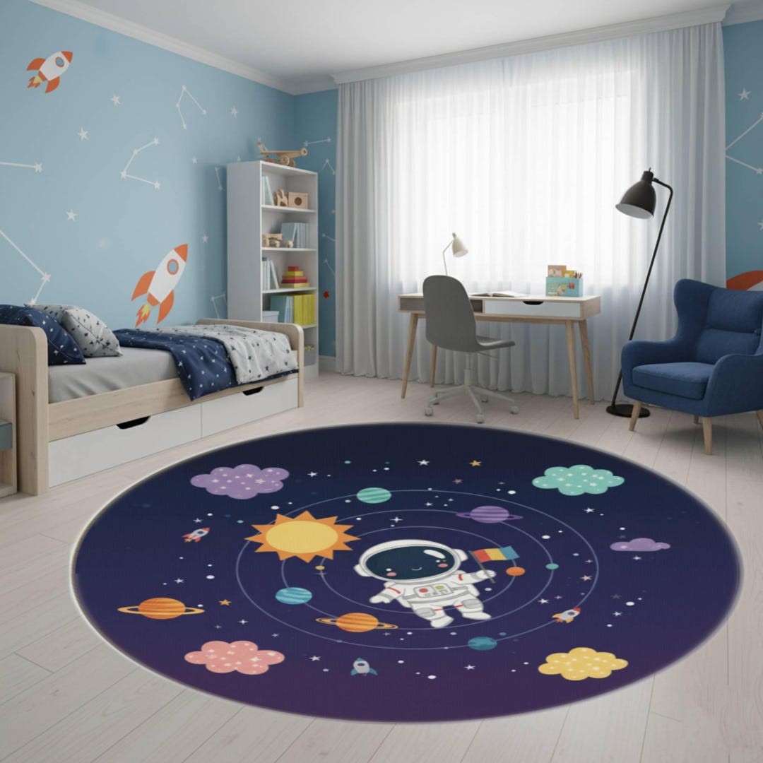 Space Round Rug Round Space Theme Kids Rug, Astronaut Galaxy Carpet for Boys Room ...