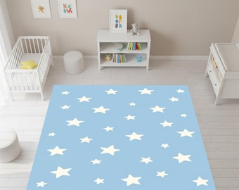 Blue Star Nursery Rug, Minimalist Sky Pattern Kids Room Carpet