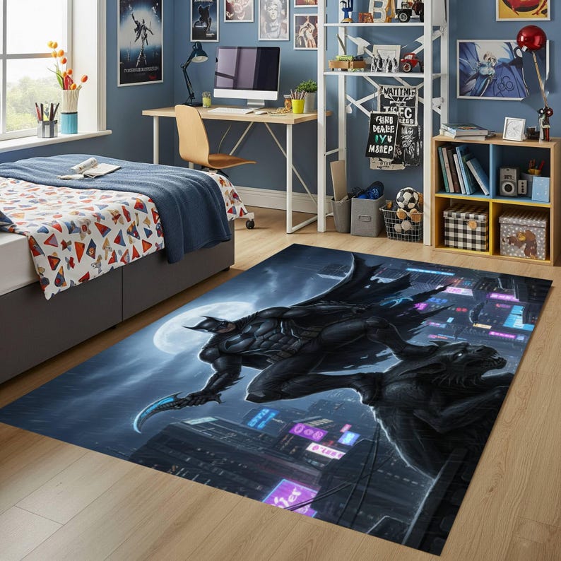 Action Figure Rug Dark Hero Cityscape Rug, Action Superhero Boys Room Carpet, Night ...