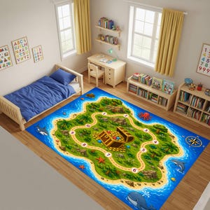 Alfombra infantil de juegos con temática de la Isla del Tesoro y los Piratas, con mapa y actividades.