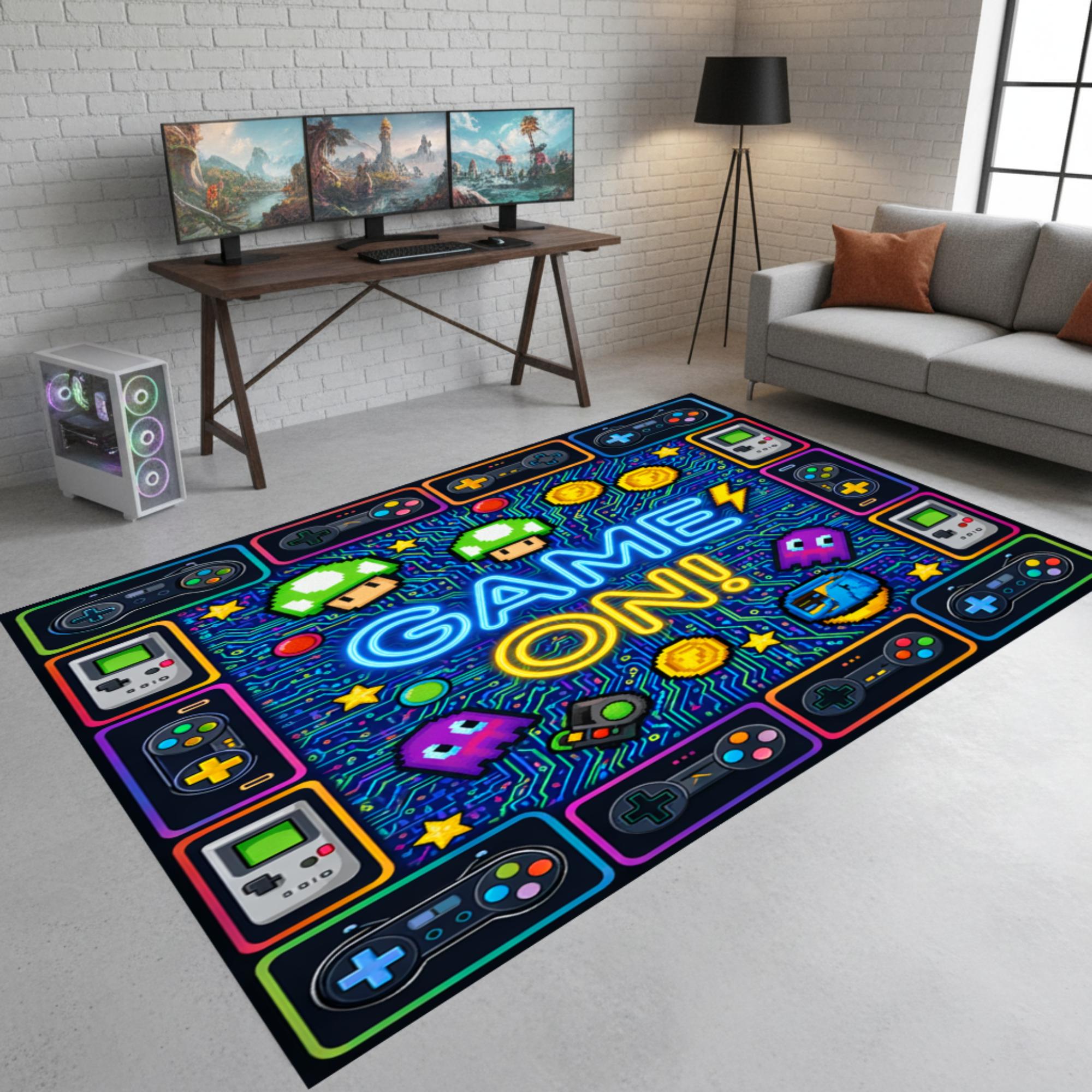 Retro Arcade Game Rug, Pixel Gaming Room Carpet, Neon Console Area