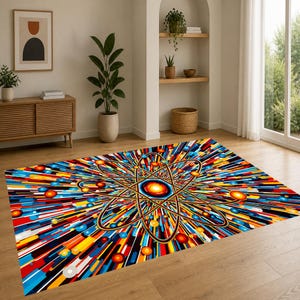 Pode incluir: Um tapete retangular com um design vibrante e colorido. O tapete apresenta um gráfico central semelhante a um átomo com linhas radiantes em vermelho, azul, amarelo e laranja. O tapete está colocado sobre um chão de madeira.