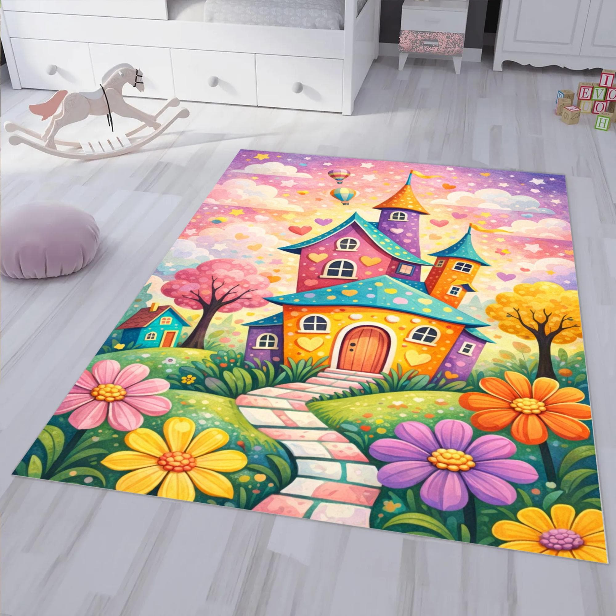 Fairy Blue Rug Whimsical Fairy House Rug, Colorful Garden Cottage Carpet, Kids Room ...