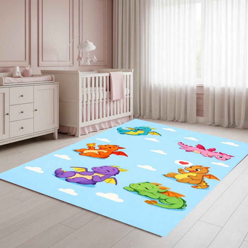 Kids Play Rug Fantasy Kids Dragon Playroom Rug, Fantasy Cartoon Carpet, Colorful Nursery ...