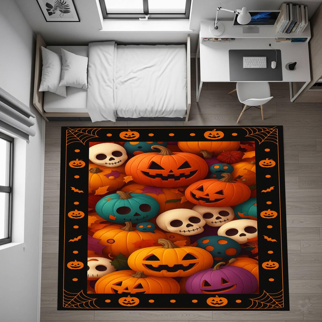Halloween Pumpkin Rug, Spooky Skull Kids Area Carpet, Toddler Playroom ...