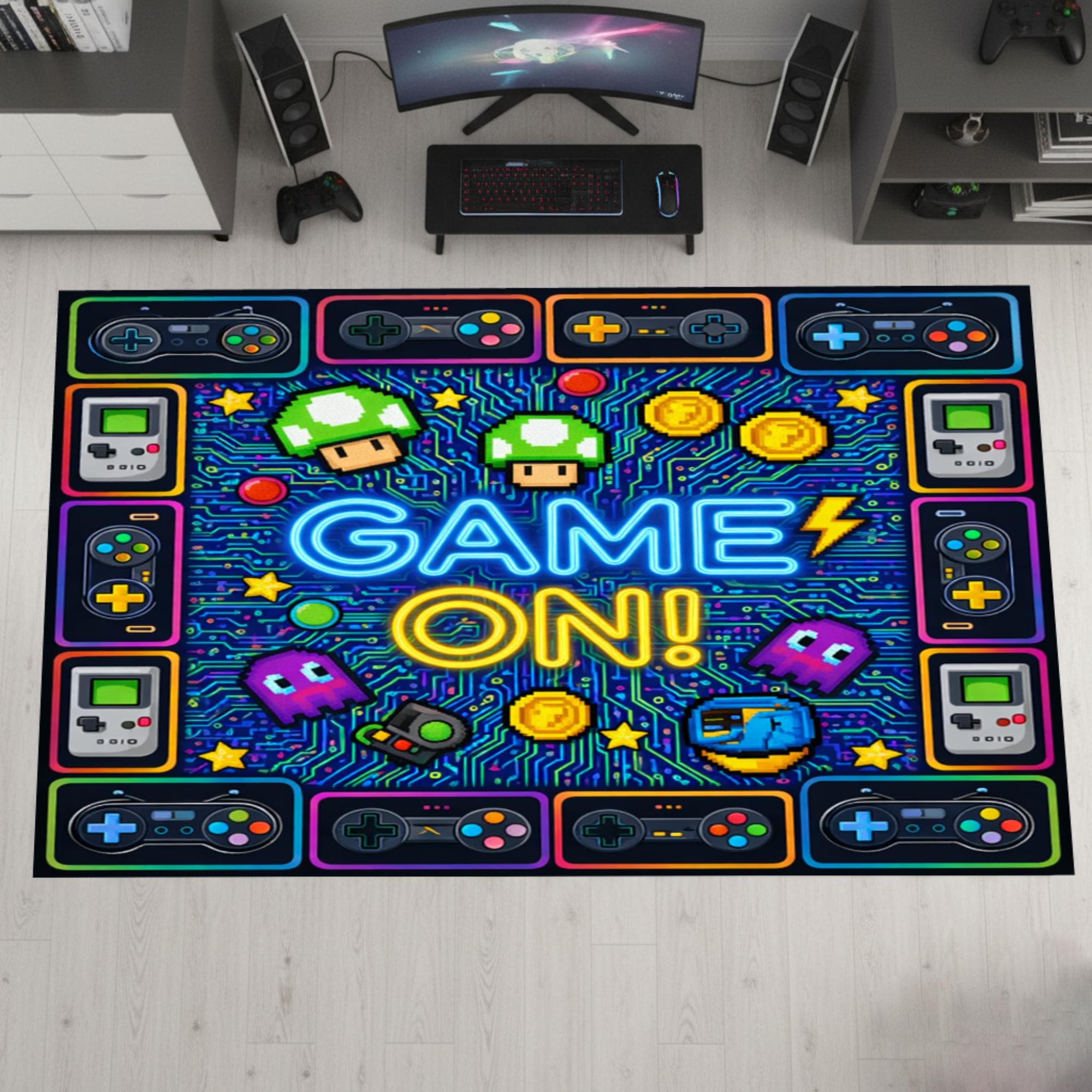 Retro Arcade Game Rug, Pixel Gaming Room Carpet, Neon Console Area