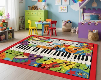May include: A rectangular area rug with a red border features a colorful musical theme. The design includes a piano keyboard, musical notes, a guitar, a violin, and a drum set. The rug is placed in a child's playroom.
