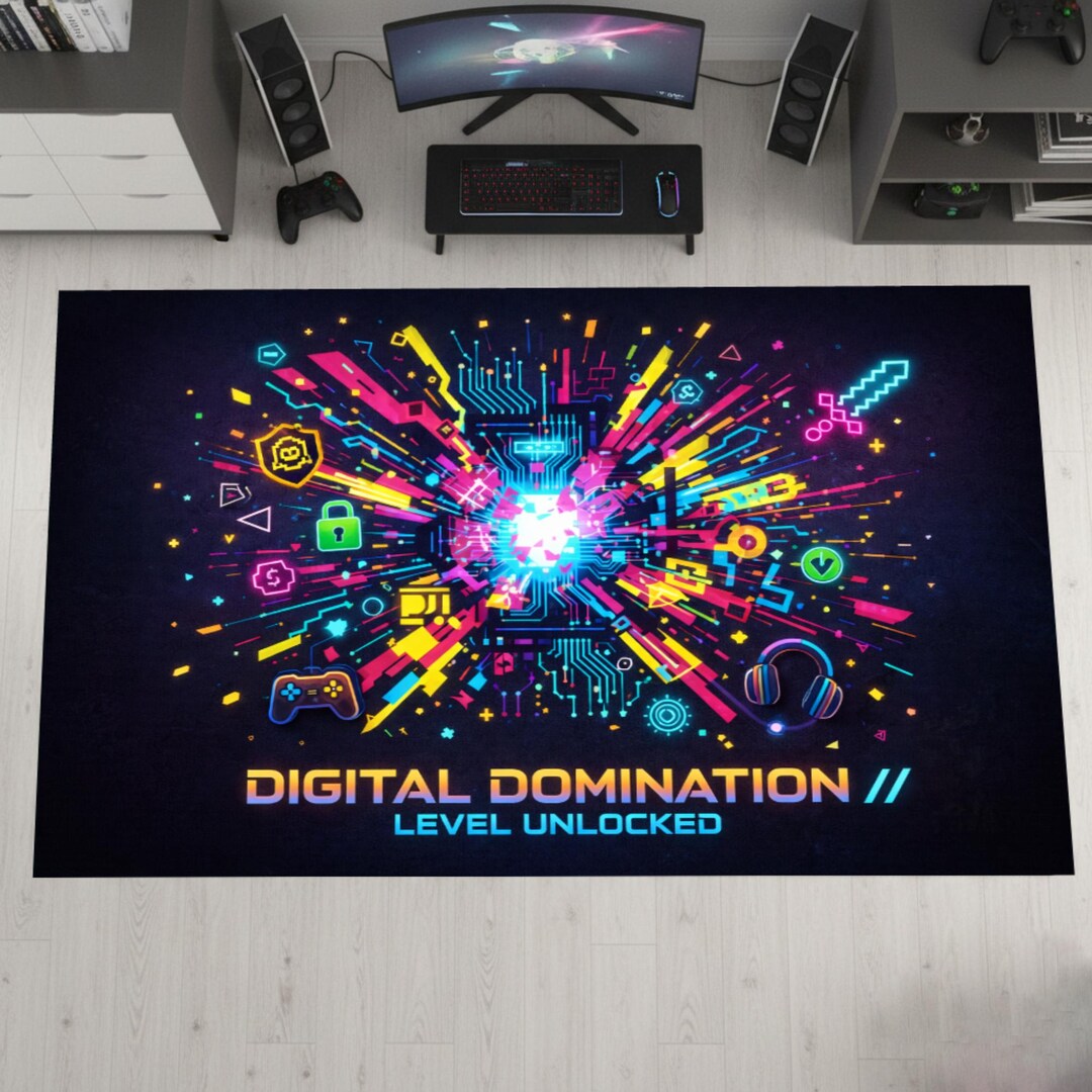 Cyber Rug Digital Explosion Gaming Rug, Neon Tech Gamer Carpet, Cyber Abstract ...