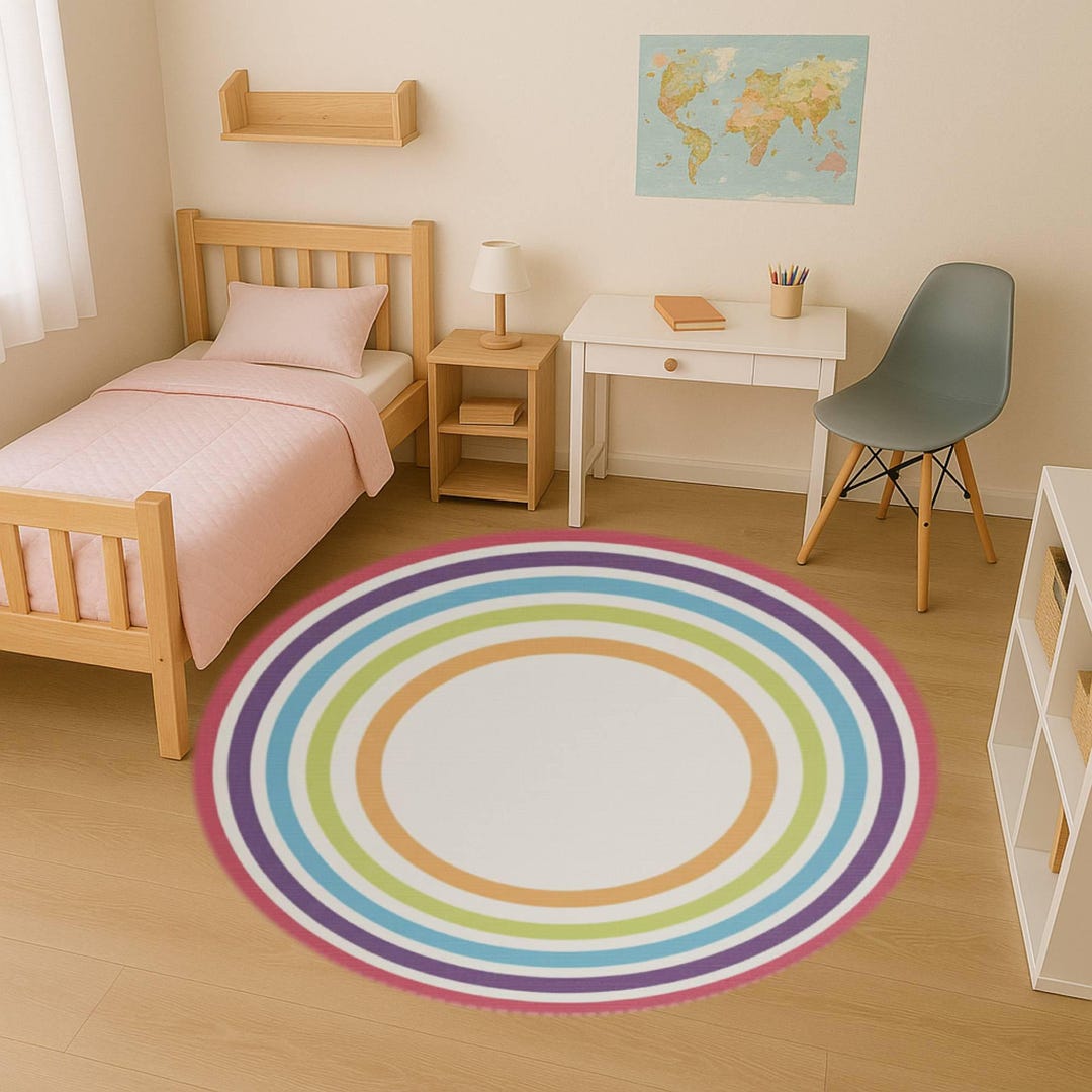 Round Rainbow Circle Rug, Colorful Rings Playroom Carpet, Modern Kids ...