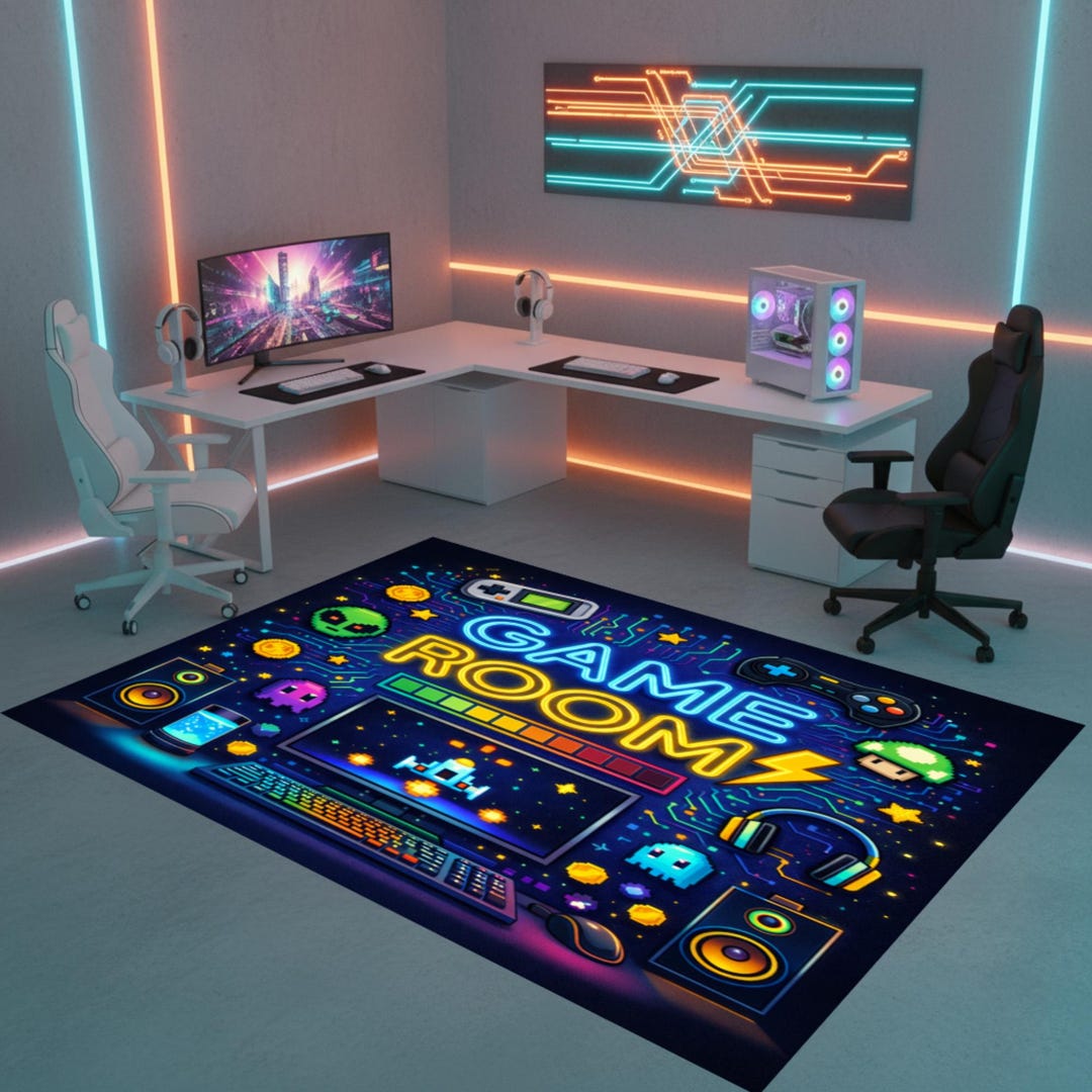 Neon Arcade Gaming Rug, Retro Console Pixel Carpet, Gamer Room Decor ...