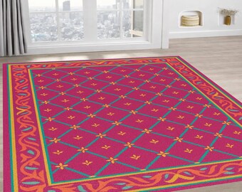 Pink Teal Geometric Living Room Rug, Lattice Pattern Ornamental Border Carpet