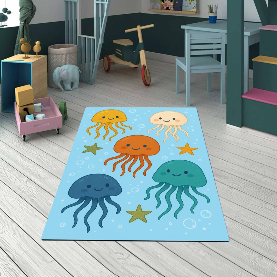 Jellyfish Kids Rug, Ocean Theme Nursery Carpet, Sea Animal Playroom ...