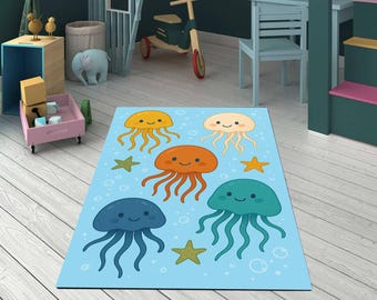 Jellyfish Kids Rug, Ocean Theme Nursery Carpet, Sea Animal Playroom Bedroom Floor Mat