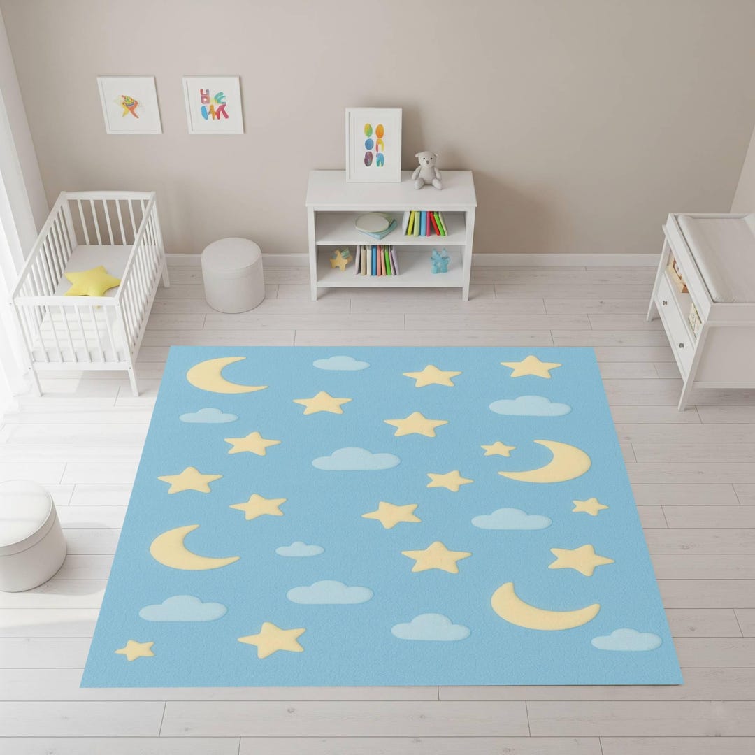 Blue Moon Star Nursery Rug, Celestial Baby Room Area Carpet Decor ...