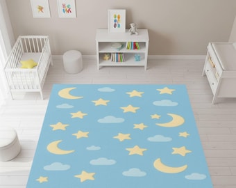 Blue Moon Star Nursery Rug, Celestial Baby Room Area Carpet Decor, Cloud Theme Carpet