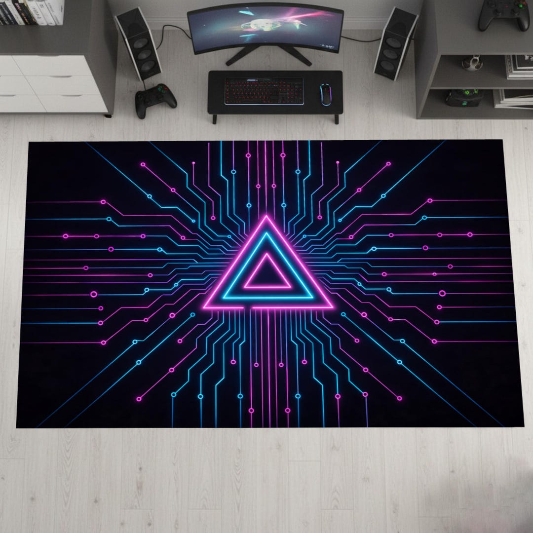 Pcb Rug Neon Gaming Area Rug, Cyber Circuit Triangle Carpet, Futuristic Gamer ...