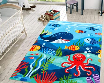 Meerestiere Kinderteppich, Kinderzimmerteppich, Sea Life Octopus Whale Spielzimmer Dekor
