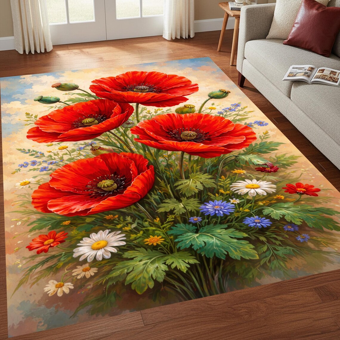 Flower City Rug Red Poppy Flower Area Rug, Botanical Garden Carpet, Floral Living Room ...