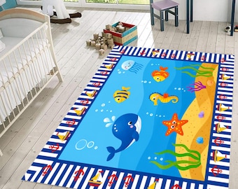 Nautischer Kindergartenteppich, Walfisch-Ozeanteppich, Küstenspielzimmer, Unterwasser-Marine-Schlafzimmerdekorationsdesign