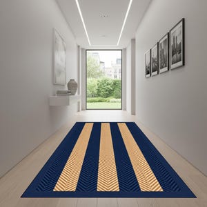 Navy Stripe Runner Rug, Herringbone Pattern Carpet, Modern Hallway Floor Decor, Geometric Entryway Rug