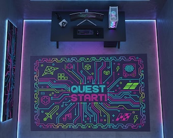 Neon Gaming Room Rug, Custom Gamer Setup Carpet, Cyberpunk Circuit Board Area Floor Decor