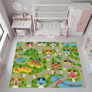City map play rug for kids, toddler road carpet, colorful town print mat, educational baby room rug, playroom floor decor, nursery carpet