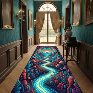 Puede incluir: Una colorida alfombra de pasillo con un diseño de paisaje fantástico. La alfombra muestra un río sinuoso, setas y montañas bajo un atardecer. La paleta de colores incluye azules, naranjas y rojos, creando un tema de fantasía.