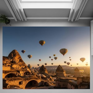 Hot air balloon rug, scenic landscape kids carpet, sunrise view playroom mat, adventure themed area rug, unique nursery floor decor
