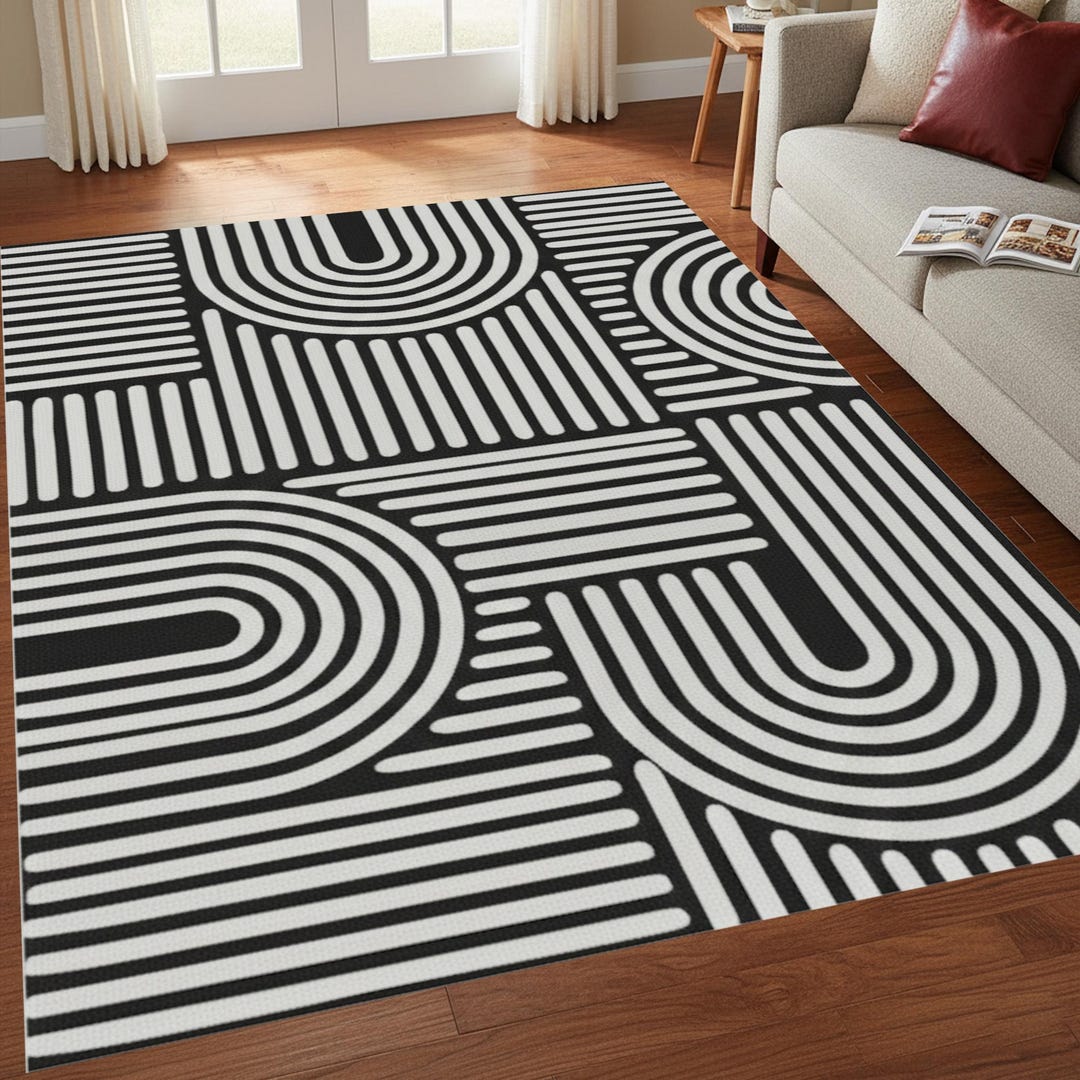 White Abstract Pattern Area Rug Black White Geometric Area Rug, Modern Abstract Line Pattern Carpet - Etsy