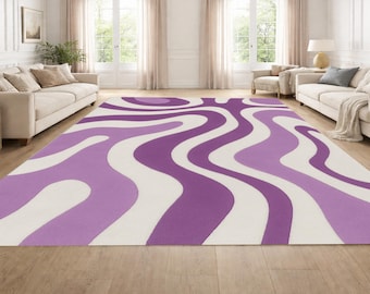 Purple Abstract Wave Rug, Modern Wavy Pattern Carpet, Contemporary Living Room Bedroom Floor Decor