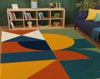 Mid Century Geometric Living Room Rug, Abstract Color Block Bedroom Carpet