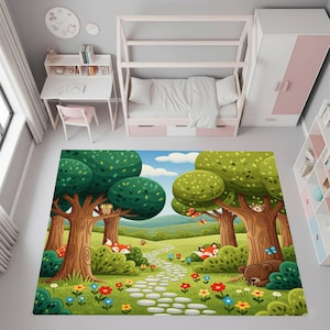 Forest playroom rug for kids, woodland animal area rug, nursery floor mat, nature themed decor, soft toddler play rug, baby room rug