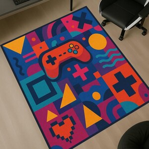 Può includere: Un tappeto colorato con un design a controller per videogiochi. Il tappeto presenta un vivace motivo di forme geometriche nelle tonalità del blu, arancione, rosa e giallo. Un controller rosso è centrato sul tappeto.