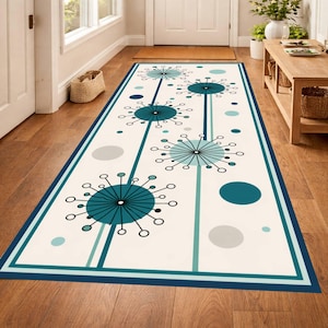 Atomic Starburst Runner Rug, Mid Century Geometry Carpet, Retro Hallway Decor Accent Design