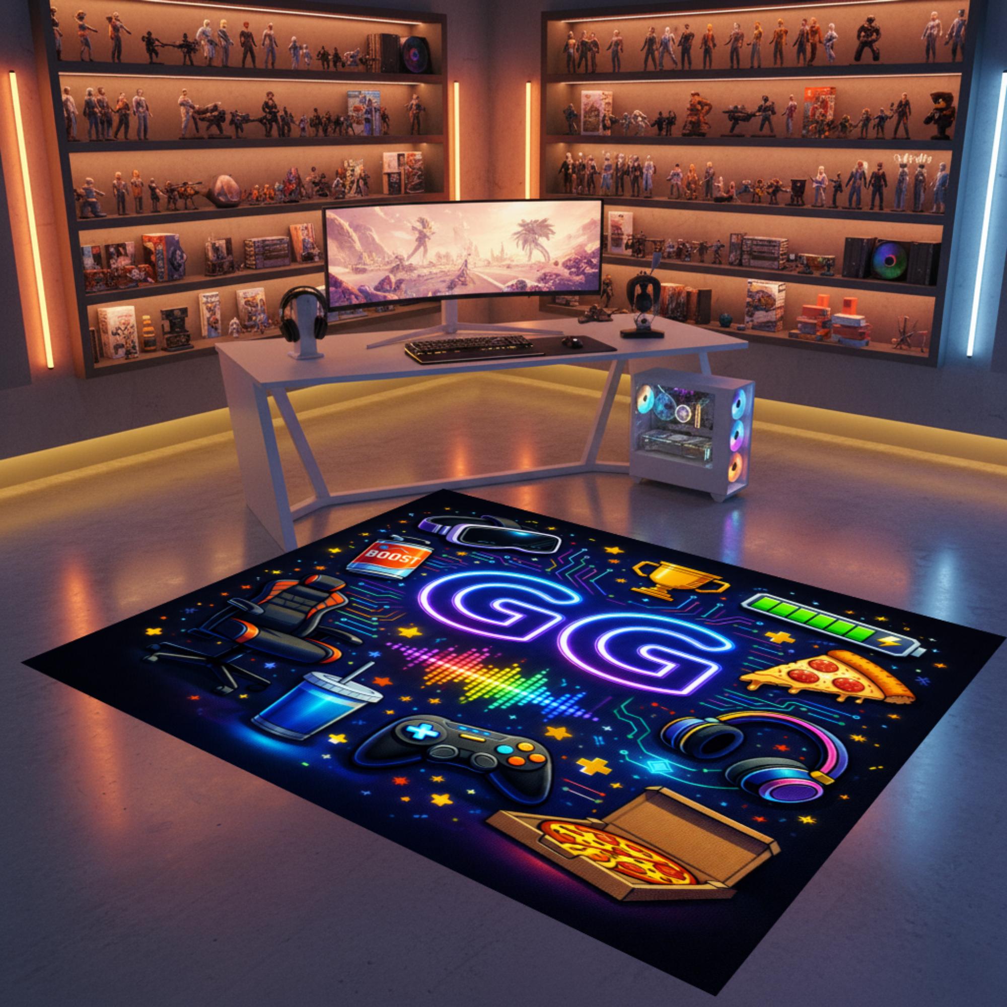 GG Neon Gaming Rug, Gamer Snack Room Carpet, Controller Setup Area ...