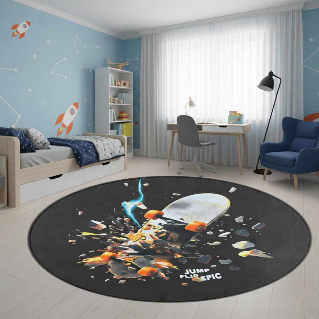 Round Skateboard Action Rug, Boys Bedroom Decor Gaming Room Floor Mat ...