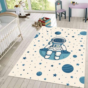Space Theme Kids Room Rug, Astronaut Baby Nursery Carpet, Washable Galaxy Play Mat, Non Slip Rug for Toddlers, Boys Girls Bedroom Decor