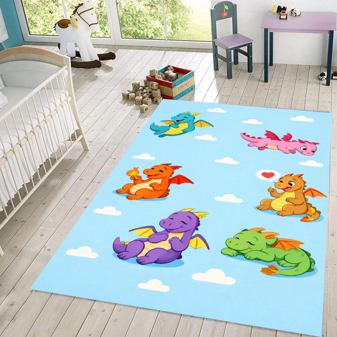 Kids Play Rug Fantasy Kids Dragon Playroom Rug, Fantasy Cartoon Carpet, Colorful Nursery ...
