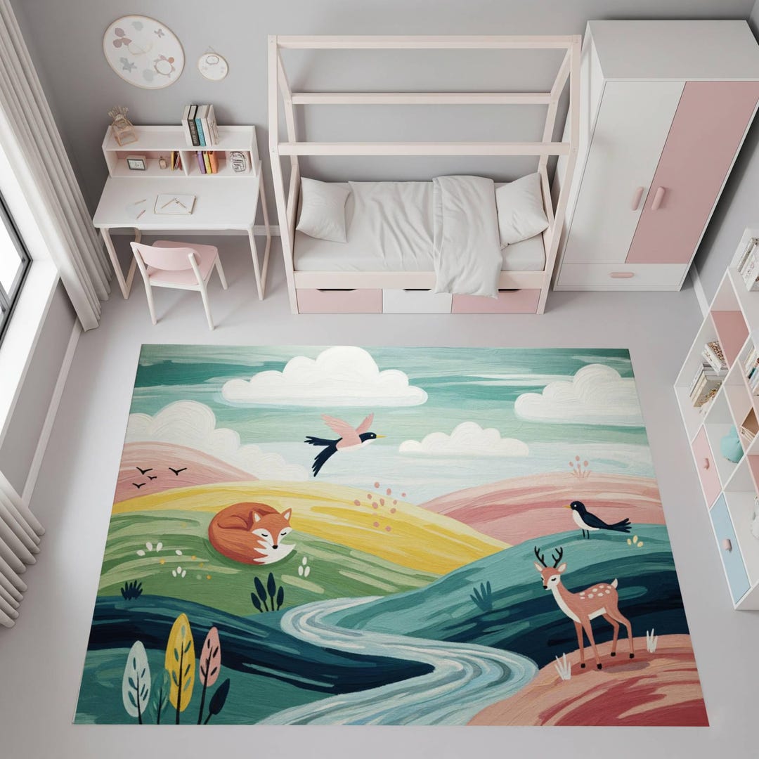Abstract Landscape Rug, Nature Theme Mat, Woodland Animal Kids Rug ...