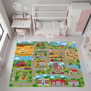 City map play rug for toddlers, colorful road carpet with buildings and vehicles, soft activity mat, kids learning floor decor, playroom rug