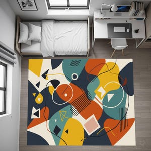 Abstract colorful rug for teens, modern geometric kids carpet, vibrant playroom mat, nursery floor decor, bold artistic room accent rug